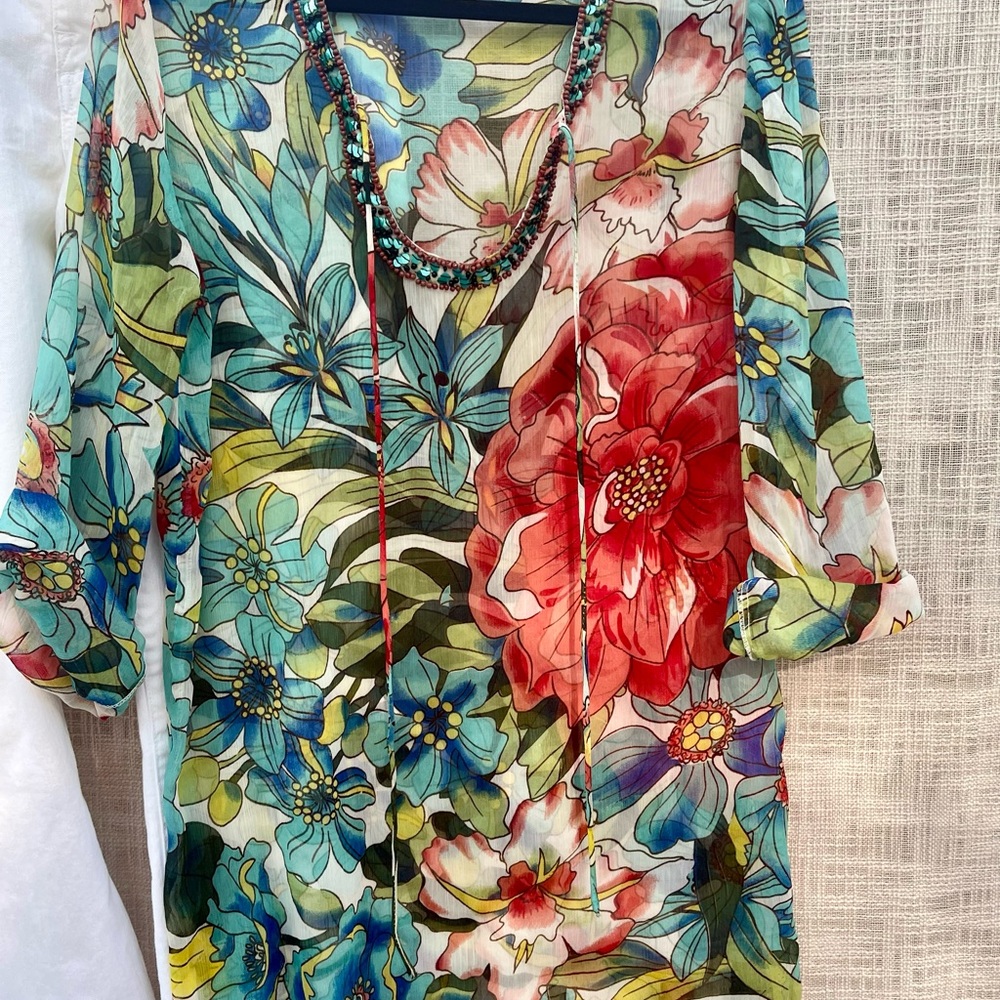Bold floral tunic, bathing suit coverup